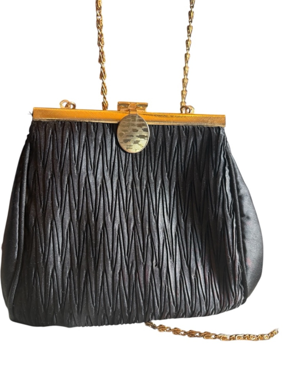 La Regale LTD Vintage 1980’s Black Ruched Evening Shoulder Bag with Gold Chain